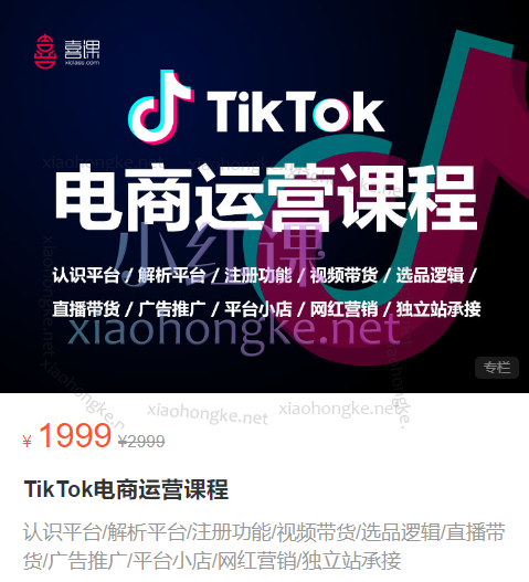 喜课TikTok电商运营课程,认识平台/解析平台/注册功能/视频带货/选品逻辑/直播带货/广告推广/平台小店/网红营销/独立站承接