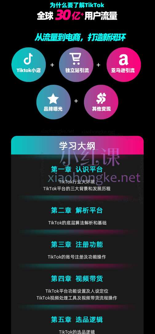喜课TikTok电商运营课程，认识平台/解析平台/注册功能/视频带货/选品逻辑/直播带货/广告推广/平台小店/网红营销/独立站承接