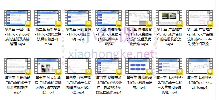 喜课TikTok电商运营课程，认识平台/解析平台/注册功能/视频带货/选品逻辑/直播带货/广告推广/平台小店/网红营销/独立站承接