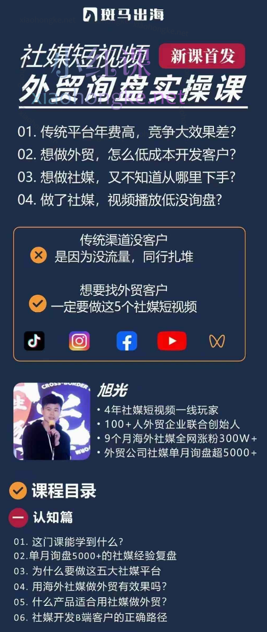 斑马出海旭光·五大社媒·短视频获客线上课，用商业思维快速跑通TikTok，Ins，YouTube，Facebook，视频号从0到1，拿到第1个询盘。
