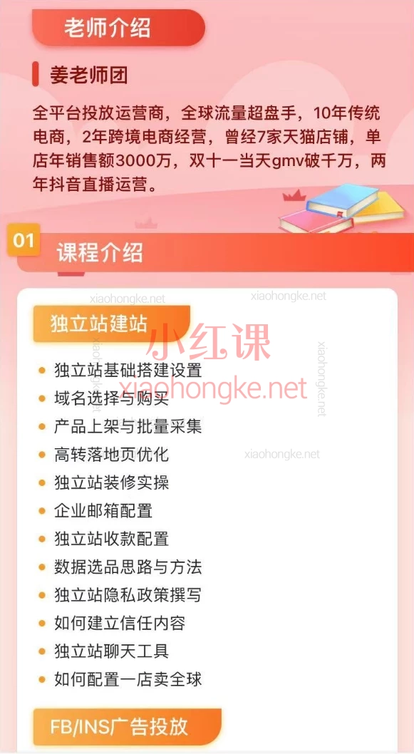 姜老师：独立站建站与营销，🔥一站式掌握独立站+FB/INS广告+TikTok！🔥