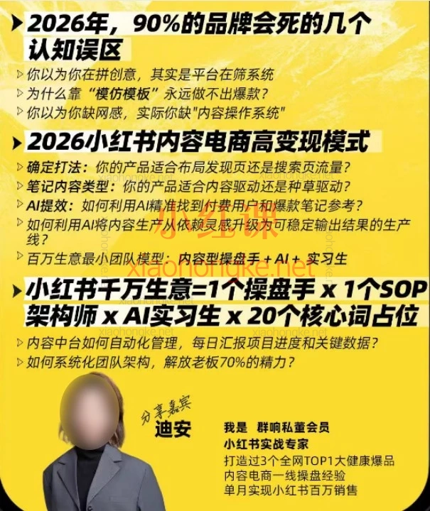 2026迪安-如何通过1个小红书内容操盘手+3个实习生，变现百万?｜体系化+AI驱动，4-5人创造千万生意