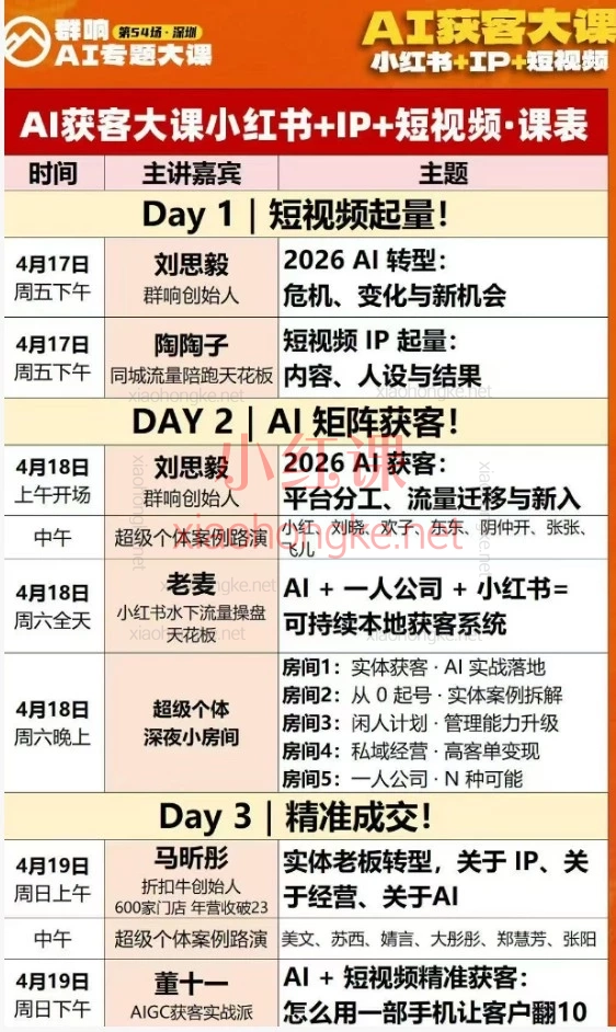 2026年4月17日-19日3天2夜深圳线下课：群响-AI获客大课小红书+IP+短视频